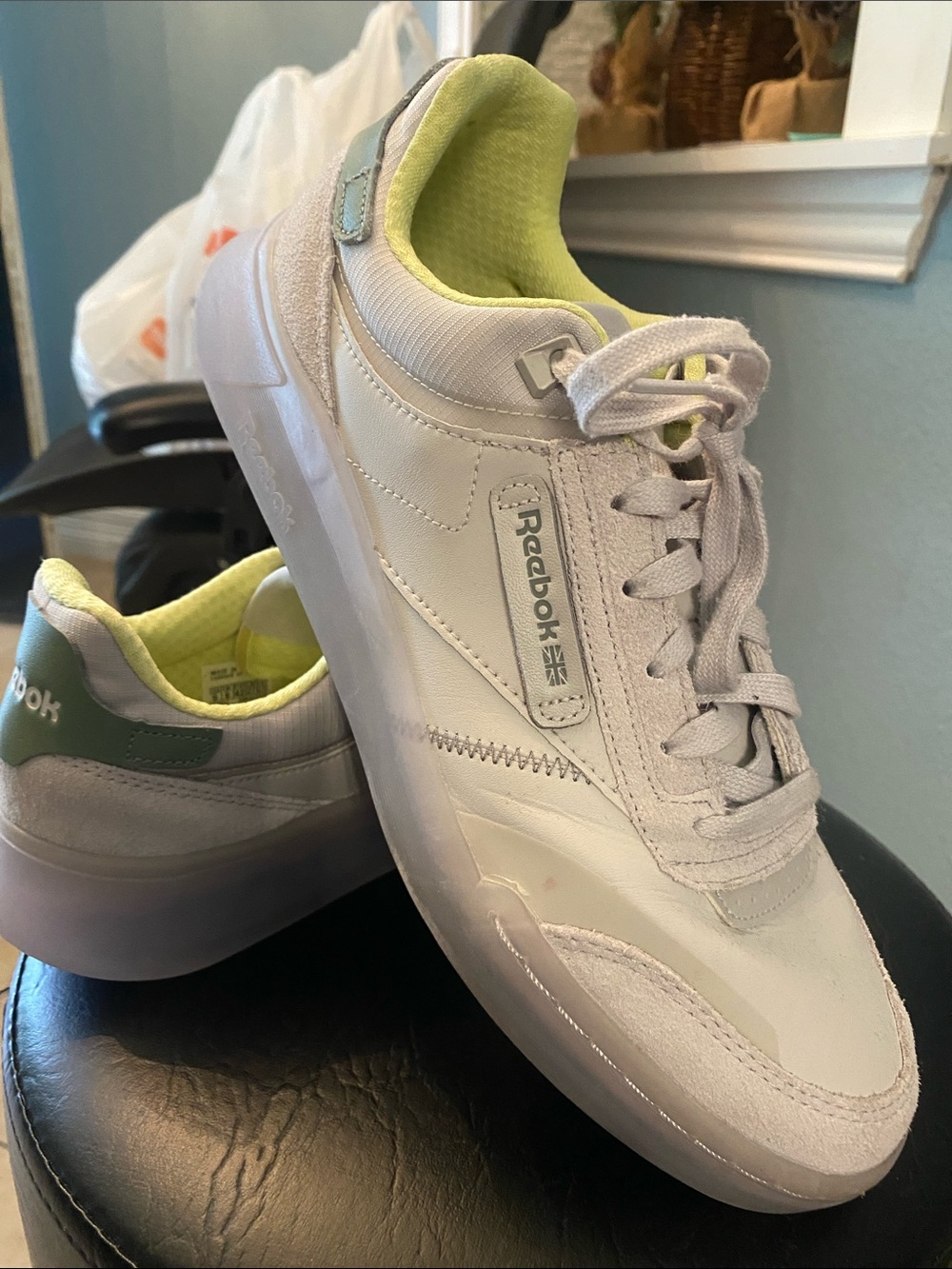 Reebok White Sneakers with Lime Green Lining and Green Heel Tab